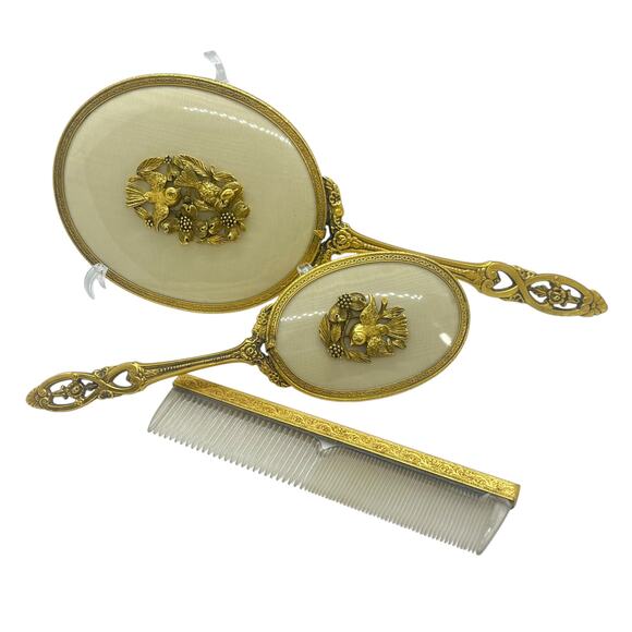 Vintage Ormalu 3 Piece Vanity Set Gold Tone Brush Comb Mirror - Picture 2 of 12